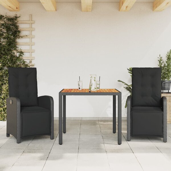3dílný bistro set s poduškami černý polyratan