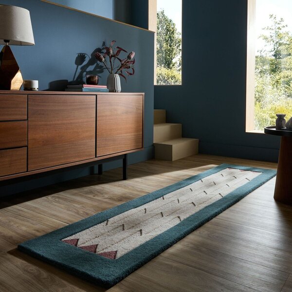 Ručně tkaný vlněný běhoun v přírodní barvě/zelenomodrý 60x230 cm Apex Border Wool – Flair Rugs
