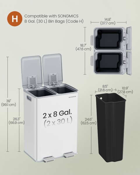 SONGMICS Odpadkový koš 2 x 30 l s pedálovým ovládáním měkké zavírání vnitřními kbelíky bílá