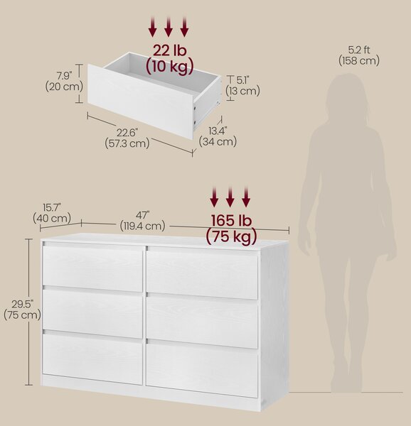 VASAGLE Komoda KAYLIN 6 zásuvek 120 x 75 x40 cm bílé dřevo