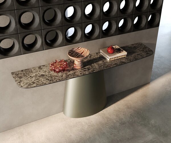 DELIFE Konzolový stůl Edge oválný 180×40 cm keramika Emperador Extra Lucidato tmavě hnědá Conos kov titanová barva
