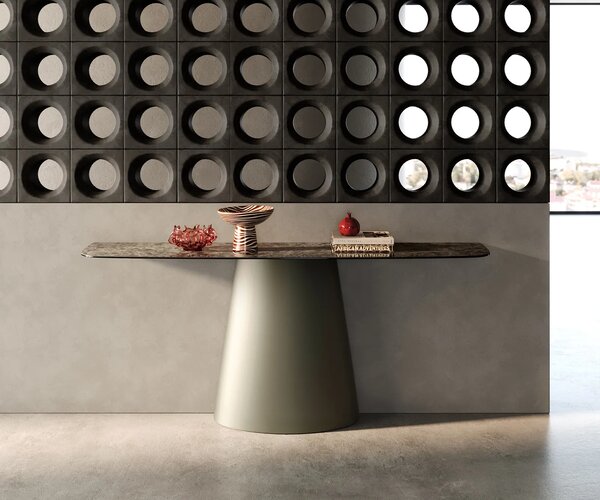 DELIFE Konzolový stůl Edge oválný 180×40 cm keramika Emperador Extra Lucidato tmavě hnědá Conos kov titanová barva