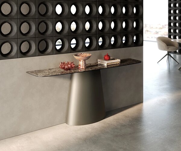 DELIFE Konzolový stůl Edge oválný 180×40 cm keramika Emperador Extra Lucidato tmavě hnědá Conos kov titanová barva