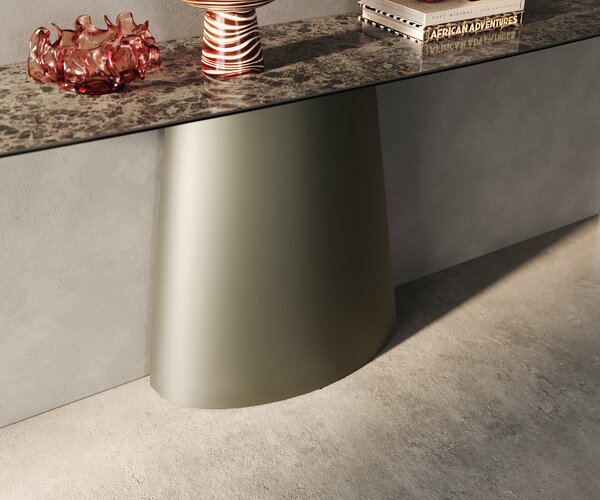 DELIFE Konzolový stůl Edge oválný 180×40 cm keramika Emperador Extra Lucidato tmavě hnědá Conos kov titanová barva