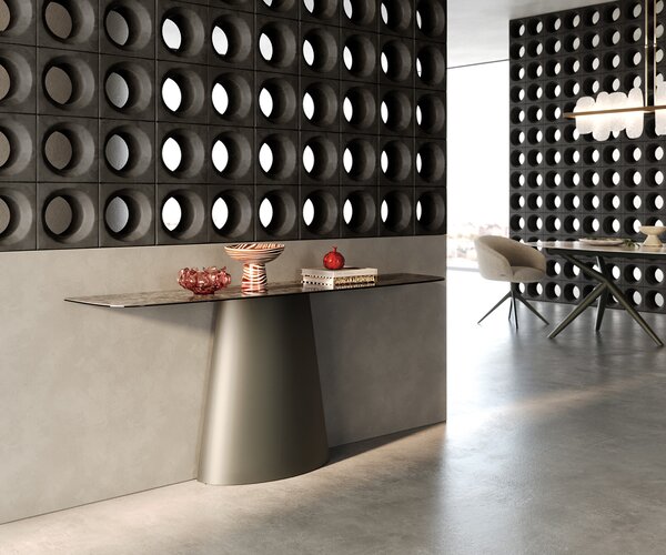 DELIFE Konzolový stůl Edge oválný 180×40 cm keramika Emperador Extra Lucidato tmavě hnědá Conos kov titanová barva
