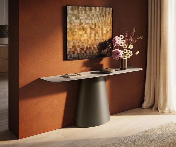 DELIFE Konzolový stůl Edge oválný tvar 180×40 cm keramika Laminam® Travertino Bianco krémově bílá Conos kov titanová barva