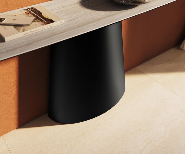 DELIFE Konzolový stůl Edge oválný tvar 180×40 cm keramika Laminam® Travertino Bianco krémově bílá kov černá