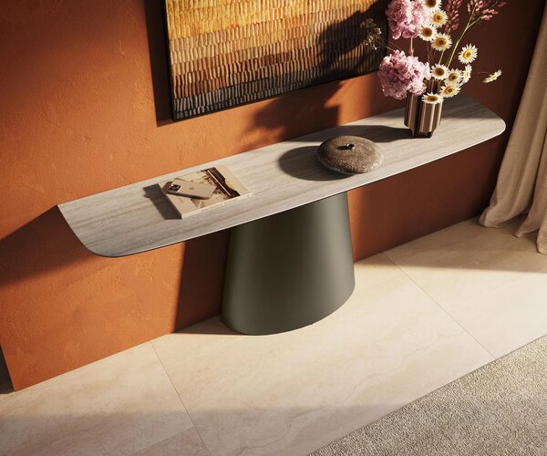 DELIFE Konzolový stůl Edge oválný tvar 180×40 cm keramika Laminam® Travertino Bianco krémově bílá Conos kov titanová barva
