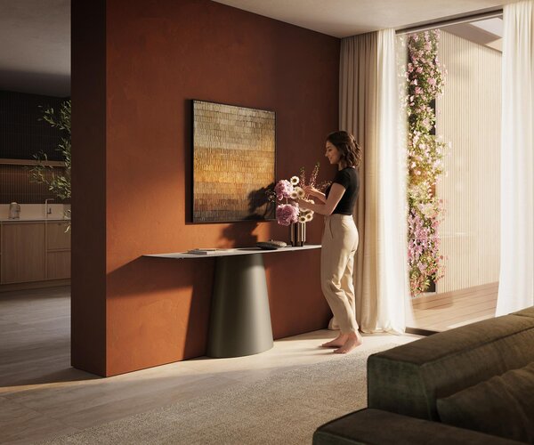 DELIFE Konzolový stůl Edge oválný tvar 180×40 cm keramika Laminam® Travertino Bianco krémově bílá Conos kov titanová barva