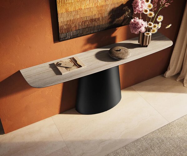 DELIFE Konzolový stůl Edge oválný tvar 180×40 cm keramika Laminam® Travertino Bianco krémově bílá kov černá