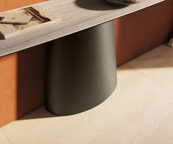 DELIFE Konzolový stůl Edge oválný tvar 180×40 cm keramika Laminam® Travertino Bianco krémově bílá Conos kov titanová barva