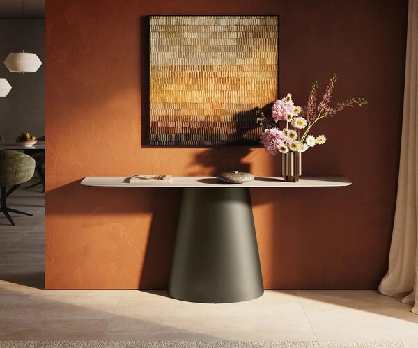 DELIFE Konzolový stůl Edge oválný tvar 180×40 cm keramika Laminam® Travertino Bianco krémově bílá Conos kov titanová barva