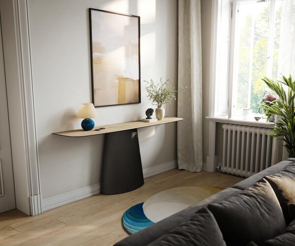 DELIFE Konzolový stůl Edge oválný tvar 180×40 cm keramika Laminam® Sabbia dubová barva kov černá