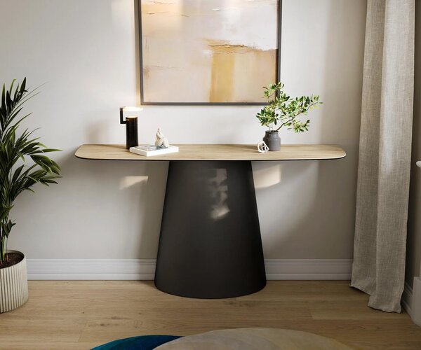 DELIFE Konzolový stůl Edge oválný 140×40 cm keramika Laminam® Sabbia dubová barva kov černá