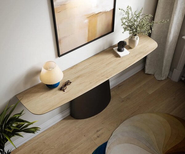DELIFE Konzolový stůl Edge oválný tvar 180×40 cm keramika Laminam® Sabbia dubová barva kov černá
