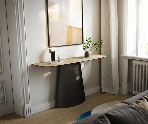 DELIFE Konzolový stůl Edge oválný 140×40 cm keramika Laminam® Sabbia dubová barva kov černá