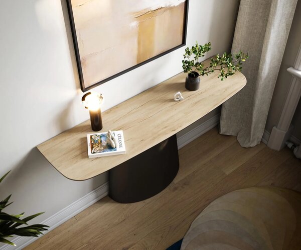 DELIFE Konzolový stůl Edge oválný 140×40 cm keramika Laminam® Sabbia dubová barva kov černá