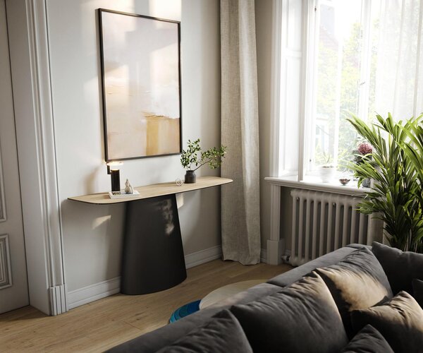 DELIFE Konzolový stůl Edge oválný 140×40 cm keramika Laminam® Sabbia dubová barva kov černá