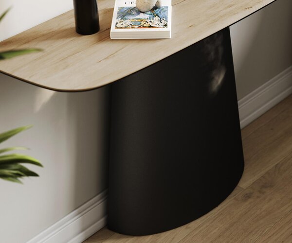 DELIFE Konzolový stůl Edge oválný 140×40 cm keramika Laminam® Sabbia dubová barva kov černá