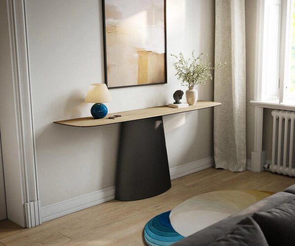DELIFE Konzolový stůl Edge oválný tvar 180×40 cm keramika Laminam® Sabbia dubová barva kov černá