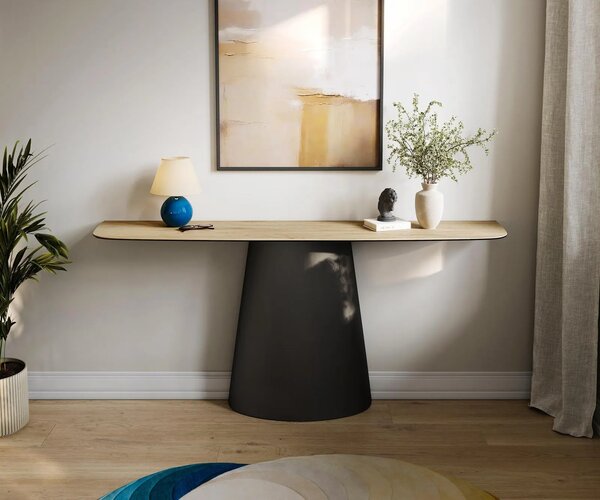 DELIFE Konzolový stůl Edge oválný tvar 180×40 cm keramika Laminam® Sabbia dubová barva kov černá