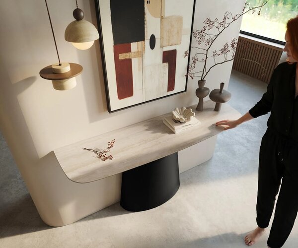 DELIFE Konzolový stůl Edge Boot 140×40 cm keramika Laminam® Travertino Bianco krémově bílá kov černá