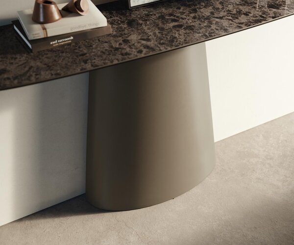 DELIFE Konzolový stůl Edge oválný 140×40 cm keramika Emperador Extra Lucidato tmavě hnědá kuželová podnož kov titanová barva