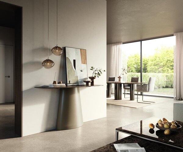 DELIFE Konzolový stůl Edge oválný 140×40 cm keramika Emperador Extra Lucidato tmavě hnědá kuželová podnož kov titanová barva