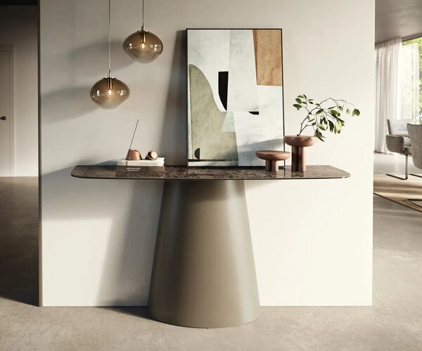 DELIFE Konzolový stůl Edge oválný 140×40 cm keramika Emperador Extra Lucidato tmavě hnědá kuželová podnož kov titanová barva