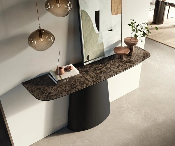 DELIFE Konzolový stůl Edge oválný 140×40 cm keramika Emperador Extra Lucidato tmavě hnědá kov černá