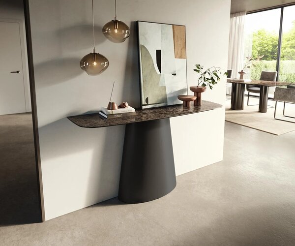 DELIFE Konzolový stůl Edge oválný 140×40 cm keramika Emperador Extra Lucidato tmavě hnědá kov černá
