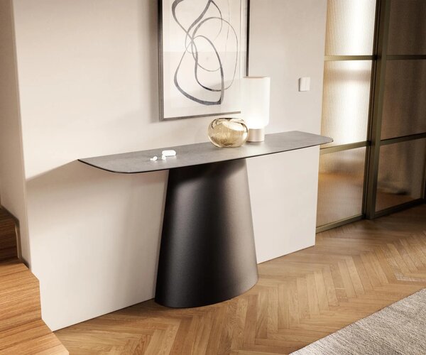 DELIFE Konzolový stůl Edge oválný 140×40 cm keramika beton šedá kov černá