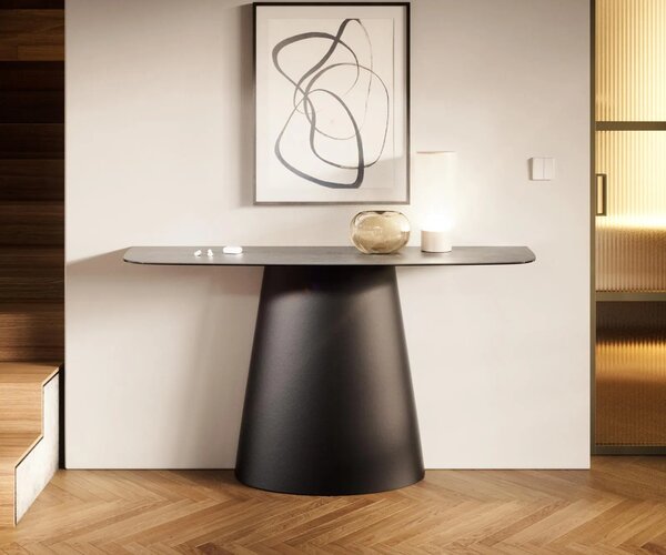 DELIFE Konzolový stůl Edge oválný 140×40 cm keramika beton šedá kov černá