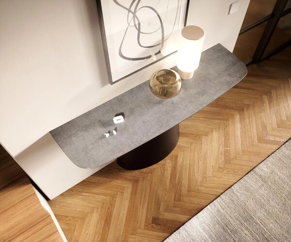 DELIFE Konzolový stůl Edge oválný 140×40 cm keramika beton šedá kov černá