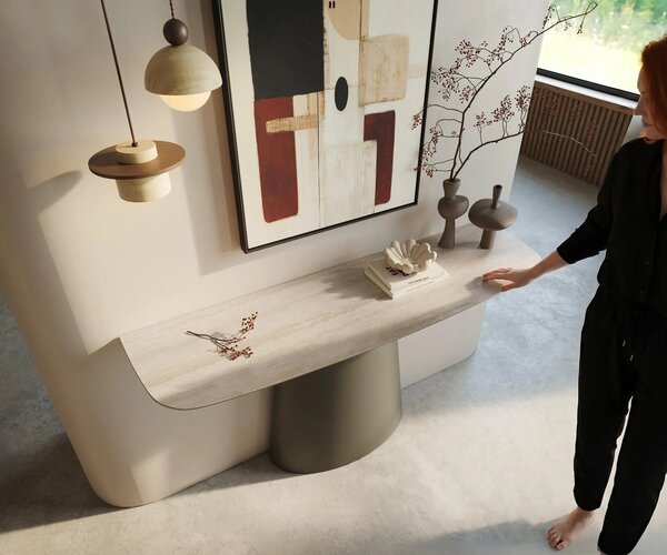 DELIFE Konzolový stůl Edge oválný tvar 140×40 cm keramika Laminam® Travertino Bianco krémově bílá Conos kov titanová barva