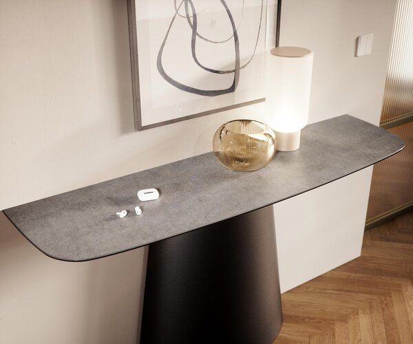 DELIFE Konzolový stůl Edge oválný 140×40 cm keramika beton šedá kov černá