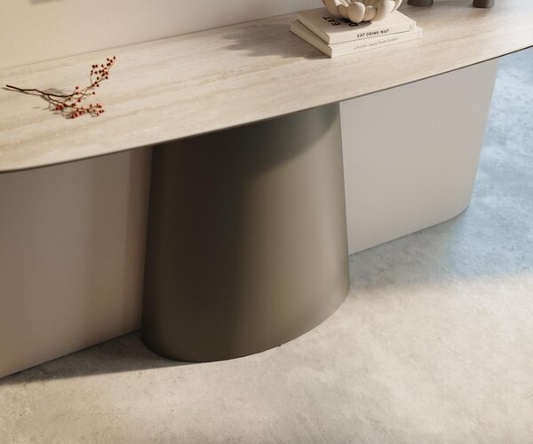 DELIFE Konzolový stůl Edge oválný tvar 140×40 cm keramika Laminam® Travertino Bianco krémově bílá Conos kov titanová barva
