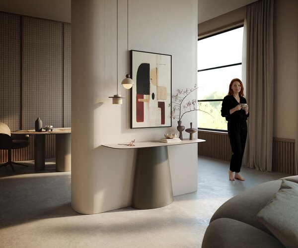 DELIFE Konzolový stůl Edge oválný tvar 140×40 cm keramika Laminam® Travertino Bianco krémově bílá Conos kov titanová barva
