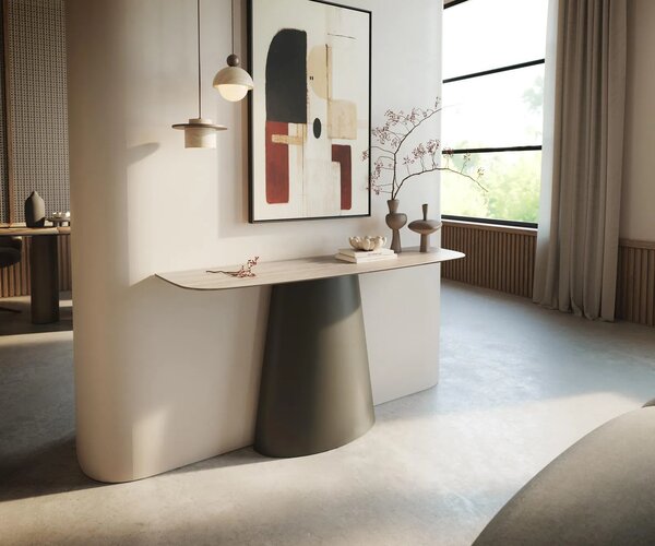 DELIFE Konzolový stůl Edge oválný tvar 140×40 cm keramika Laminam® Travertino Bianco krémově bílá Conos kov titanová barva