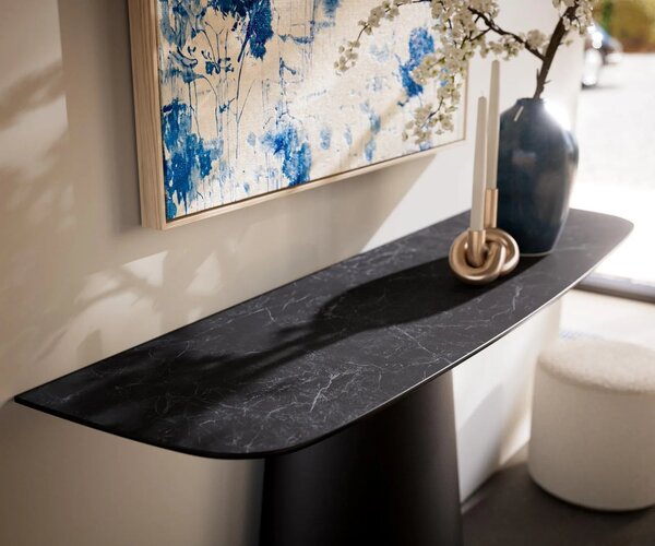 DELIFE Konzolový stůl Edge oválný tvar 140×40 cm keramika Laminam® Nero Greco antracit kov černá