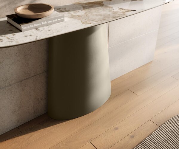 DELIFE Konzolový stůl Edge oválný 140×40 cm keramika Minas Melange bílá béžová Conos kov titanová barva
