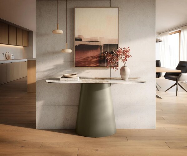 DELIFE Konzolový stůl Edge oválný 140×40 cm keramika Minas Melange bílá béžová Conos kov titanová barva