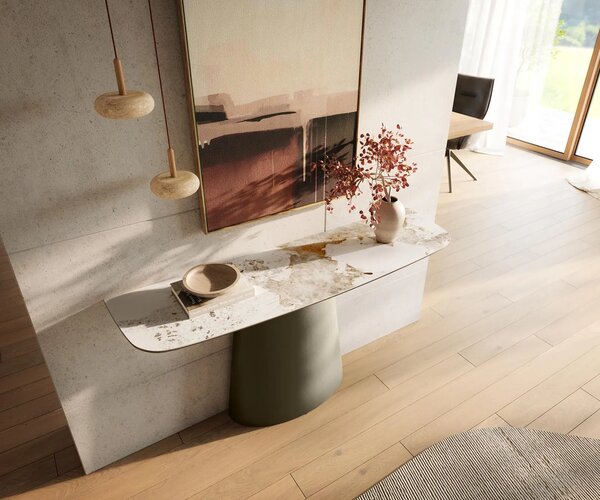 DELIFE Konzolový stůl Edge oválný 140×40 cm keramika Minas Melange bílá béžová Conos kov titanová barva