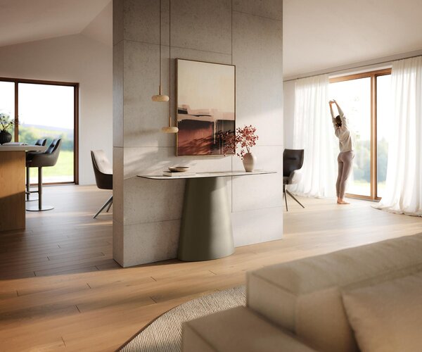 DELIFE Konzolový stůl Edge oválný 140×40 cm keramika Minas Melange bílá béžová Conos kov titanová barva