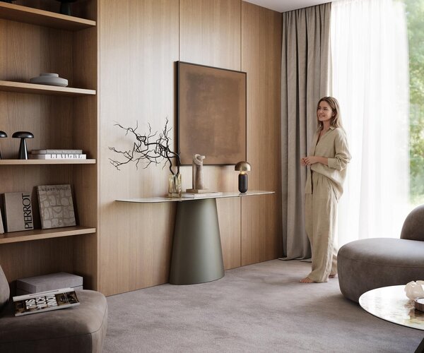 DELIFE Konzolový stůl Edge oválný 180×40 cm keramika Minas Melange bílá béžová Conos kov titanová barva
