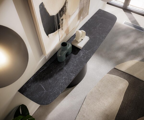 DELIFE Konzolový stůl Edge oválný tvar 180×40 cm keramika Laminam® Nero Greco antracit kov černý