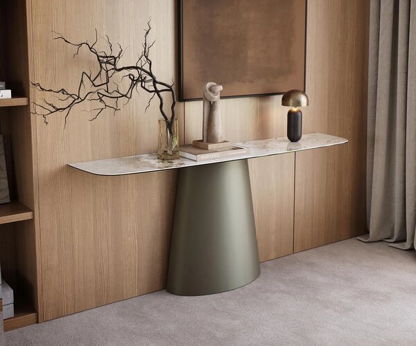 DELIFE Konzolový stůl Edge oválný 180×40 cm keramika Minas Melange bílá béžová Conos kov titanová barva