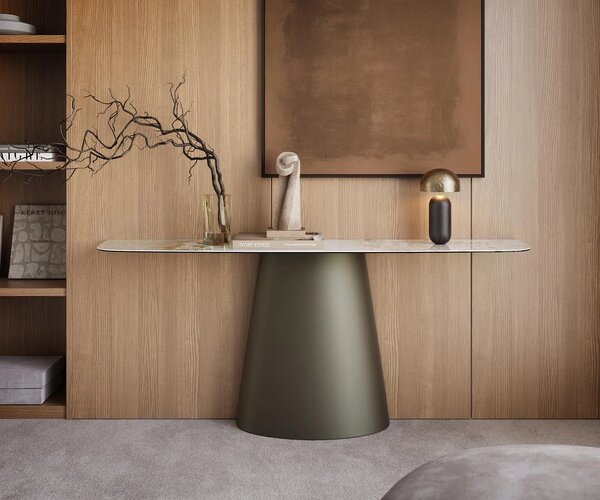 DELIFE Konzolový stůl Edge oválný 180×40 cm keramika Minas Melange bílá béžová Conos kov titanová barva