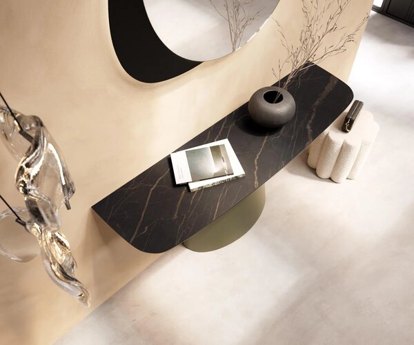 DELIFE Konzolový stůl Edge oválný tvar 140×40 cm keramika Laminam® Noir Desir hnědá Conos kov titanová barva