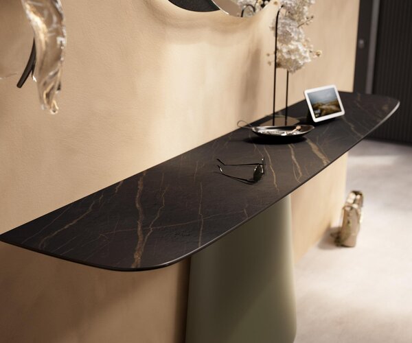 DELIFE Konzolový stůl Edge oválný tvar 180×40 cm keramika Laminam® Noir Desir hnědá kov Titanová barva